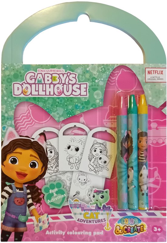 Gabby's Dollhouse activity colouring pad met Gabby, 3 waskrijtjes, kleurplaten en puzzels, voor 3+ jaar.