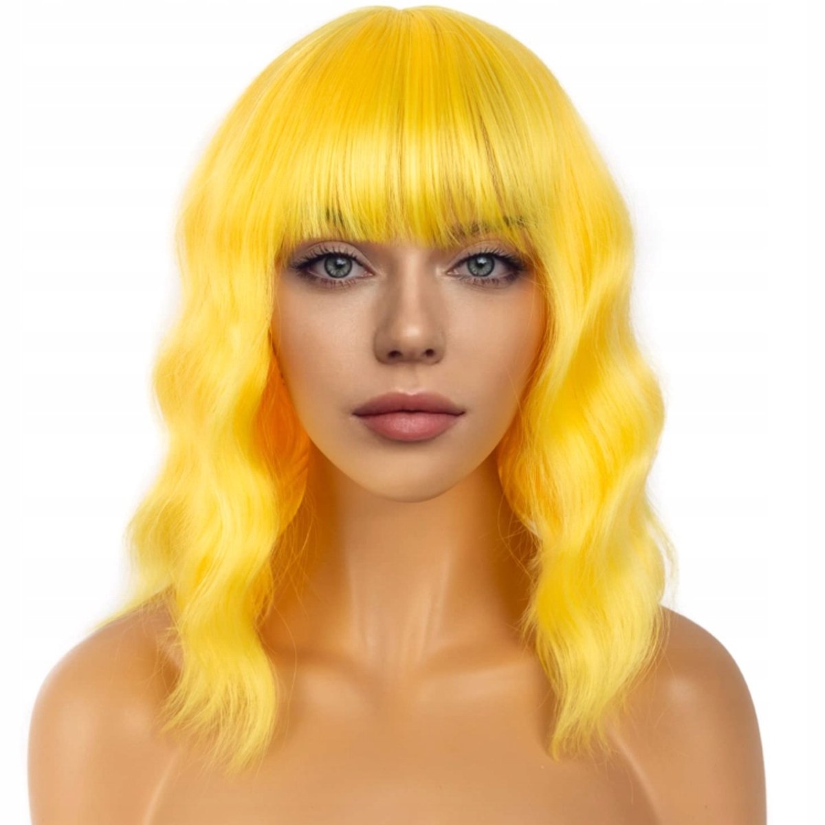 Bob pruik met pony, anime, festival, geel, cosplay, 35 cm, golvend