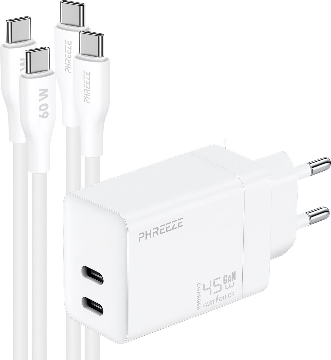Phreeze 45 W usb C oplader - Dual port GaN charger - Inclusief 2 usb C naar usb C kabels 1m voor telefoon en tablet