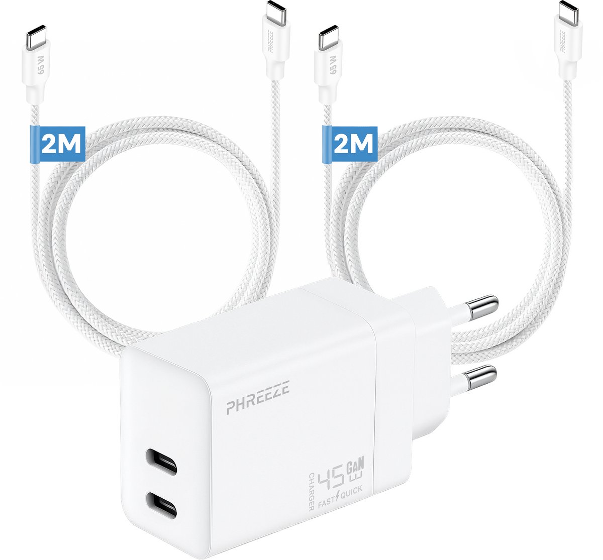Phreeze usb C charger 45 W - Snellader met 2x usb C kabels 2m - Power Delivery adapter voor smartphone en laptop