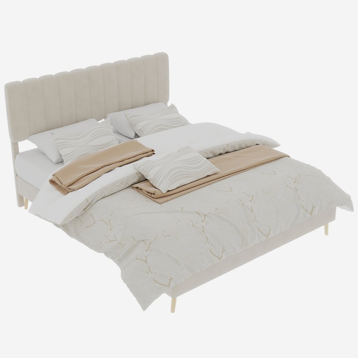 Merax Gestoffeerd Bed 140x200 - Fluwelen Stof Beige - Metalen Frame - Houten Lattenbodem - Zonder Opbergruimte - Zonder Matras