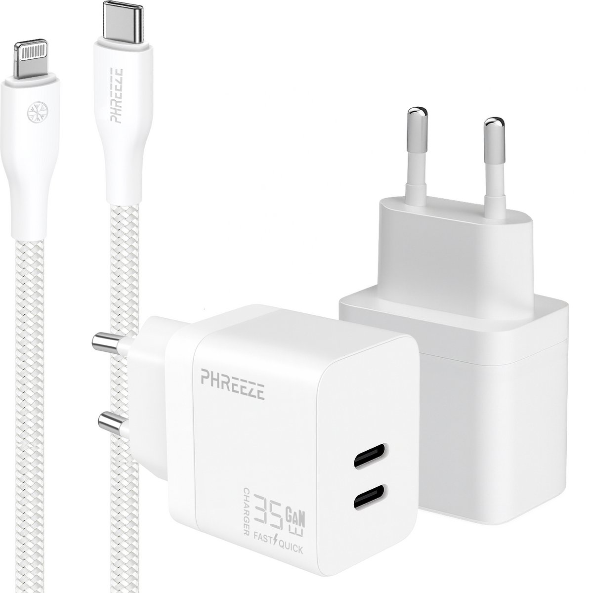 Phreeze usb C oplader met kabel geschikt voor iPhone en iPad met Lightning kabel - Power Delivery snellader met 2 usb C poorten - GaN charger