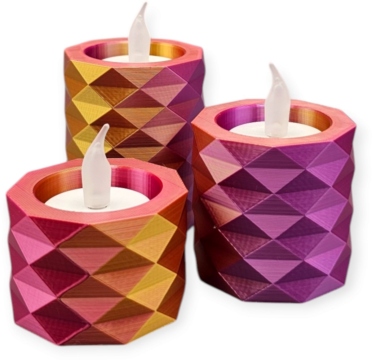 Layerzz - 3D-geprinte waxinelichthouders met LED lichtjes – moderne sfeerverlichting (niet geschikt tegen hitte) - set van 3 - meerkleurig Goud paars roze