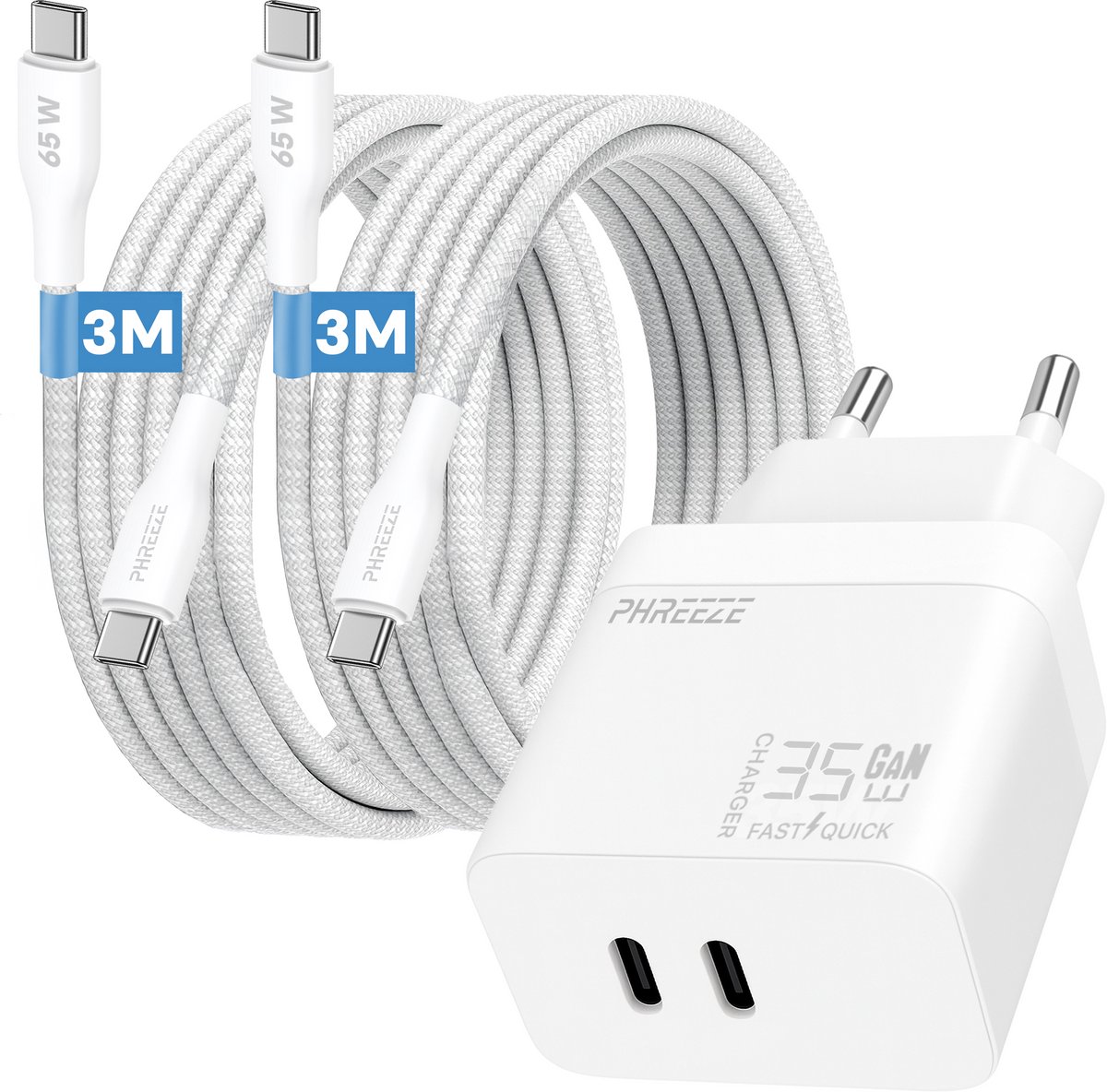 Phreeze usb C adapter 35 W - Twee usb C poorten - Power Delivery snellader met 2 usb C naar usb C kabels 3m