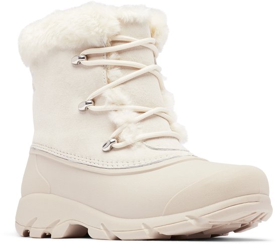Crème kleurige dames snowboot van Sorel met witte bontkraag en veters.