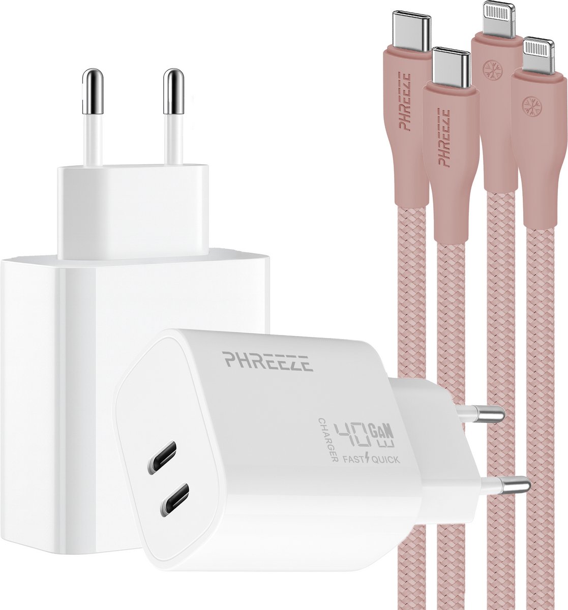 Phreeze usb C oplaadset 40 W - Geschikt voor iPhone 14 13 12 11 X en iPad met Lightning kabel roze - Snellader met 2 kabels