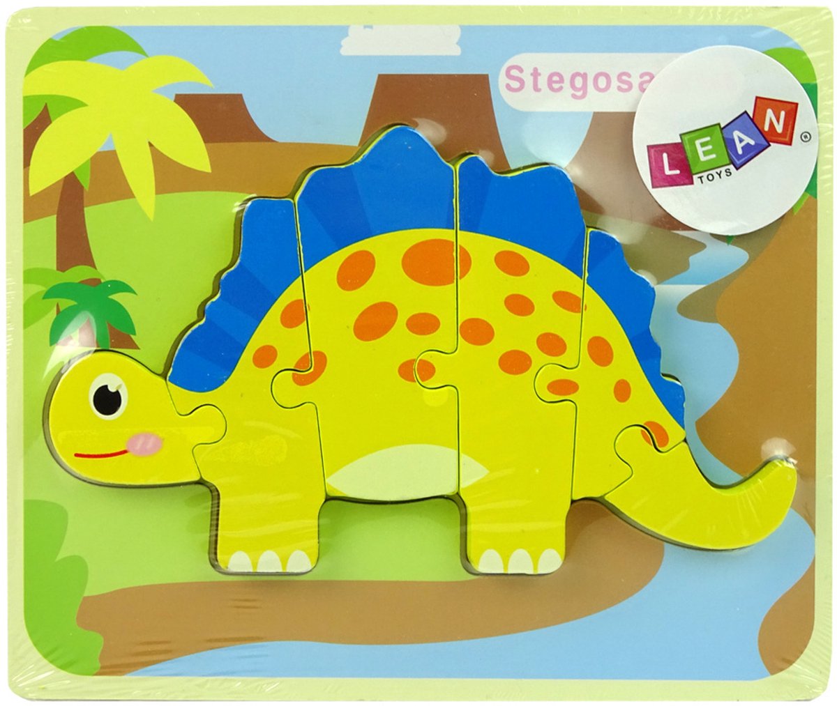 Leantoys Houten Puzzel Dinosaurus Stegosaurus Geel - 5mm Dikke Puzzelstukken - Dino Puzzel Educatief Speelgoed 3+ - Dino Puzzle - Houten Speelgoed - Educatief -