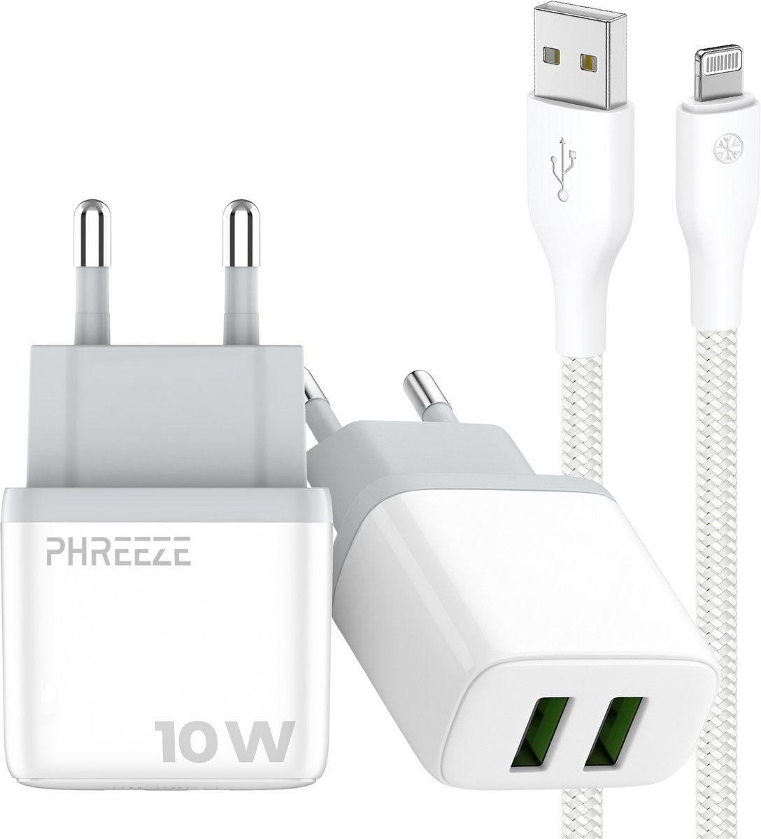 Phreeze usb oplader geschikt voor iPhone 6 7 8 X Xr Xs Plus en iPad 2017 2018 2019 2020 - 12 W dubbele usb adapter - Met oplaadkabel 1 meter