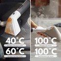Links: stoomreiniger reinigt autostoel met vlekken, 40°C warm water, 60°C heet water. Rechts: stoomreiniger reinigt pantoffel, 100°C stoom, 100°C desinfecteren.