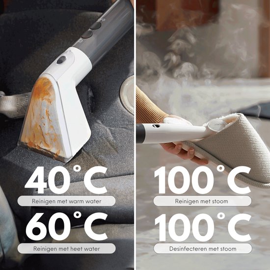 Links: stoomreiniger reinigt autostoel met vlekken, 40°C warm water, 60°C heet water. Rechts: stoomreiniger reinigt pantoffel, 100°C stoom, 100°C desinfecteren.
