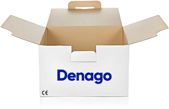 Open witte doos met Denago logo en CE-markering.