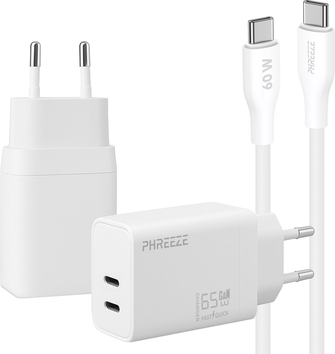Phreeze usb C oplader 65w met usb C kabel - Fast charger met 2 usb C poorten - 65 watt power adapter voor laptop en telefoon