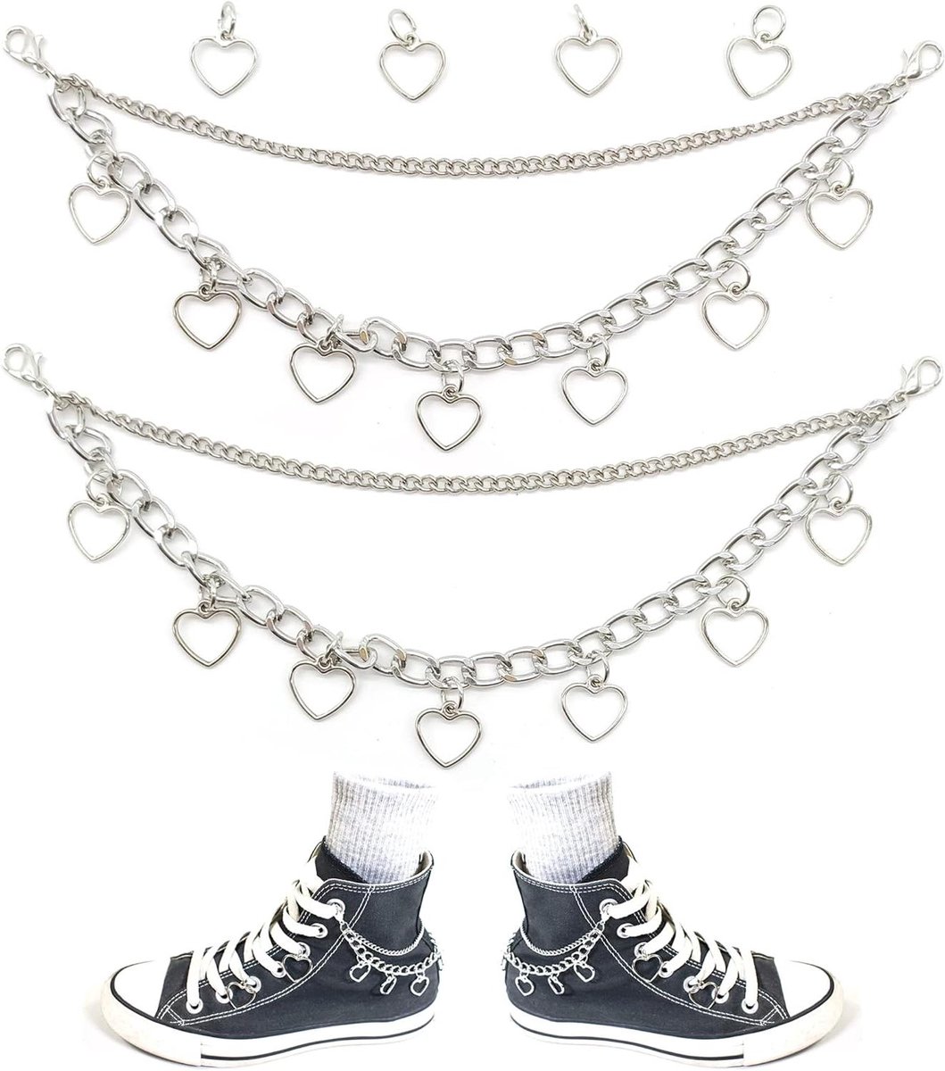 EGoods - Decoratieve schoenenketting met liefdeshanger, modieus ontwerp voor schoenen, kleding en rugzakken, 2 stuks zilveren metalen schoenketting, 8.3 inch.