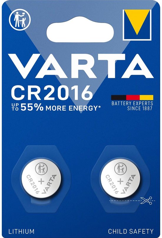 Varta CR2016 lithium knoopcelbatterijen, verpakt per twee op een blauwe kaart.