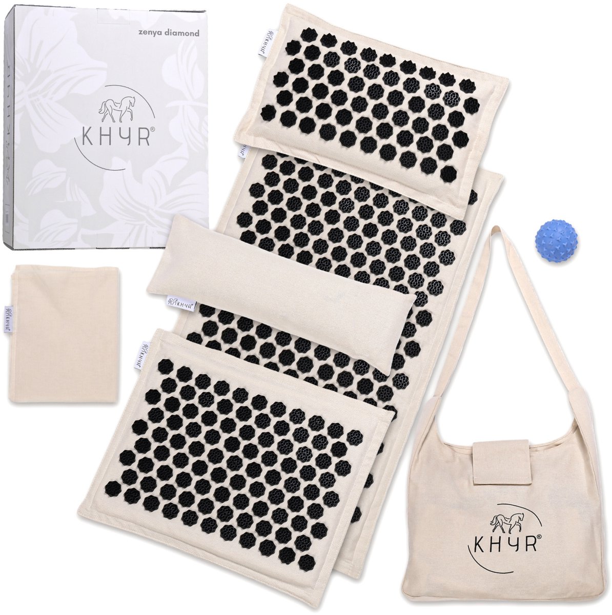 KHYR® - Nieuw - Zenya Diamond Luxe Acupressuurmat 7-set 2026 – 7-Delige Acupressuur Set XL – Gepatenteerde Diamantpatroon Spikes – Spijkermat Set - Spijkerbed - Shakti Mat - Beige met Witte Spikes - incl. Spikes Massagebal - incl. E-Book