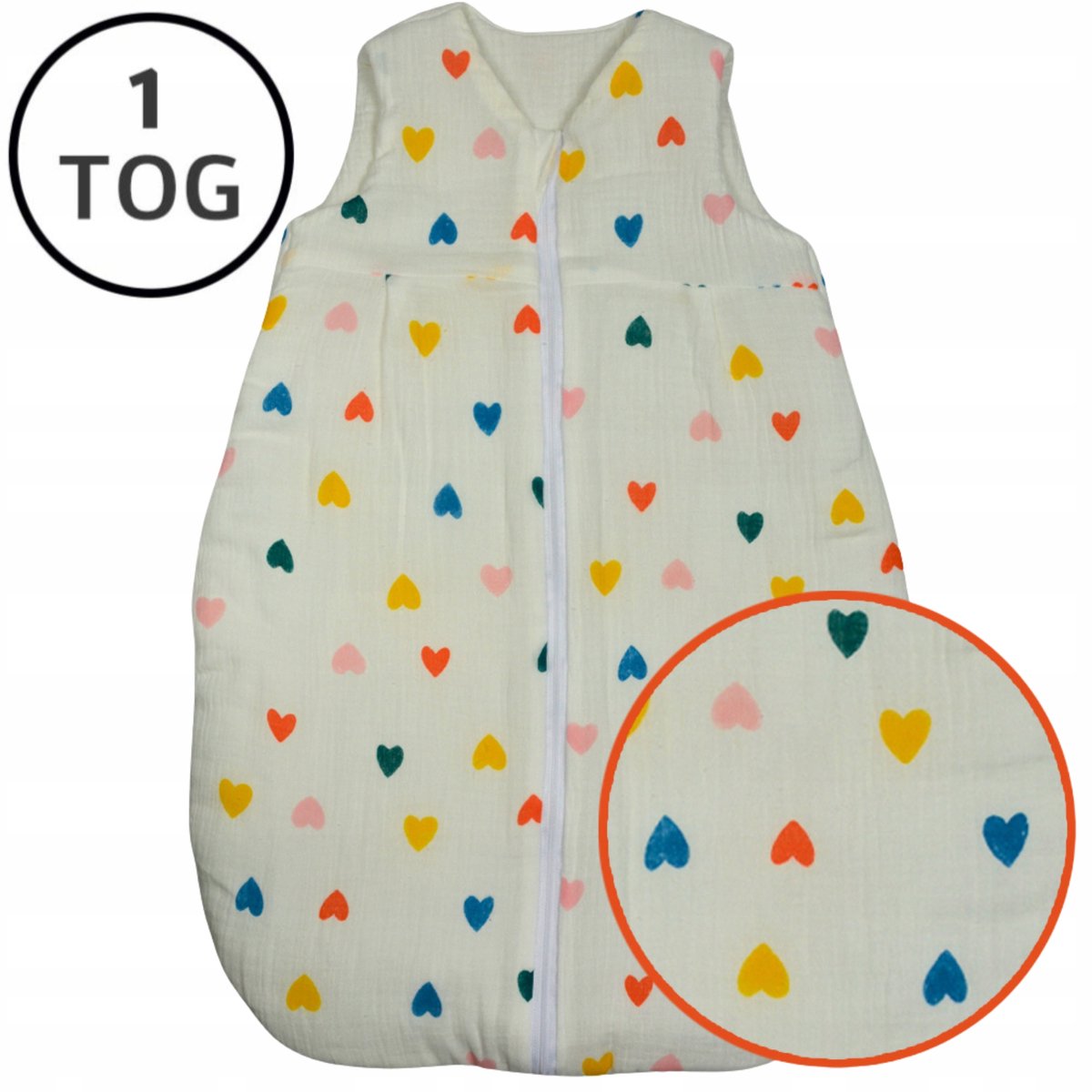 Baby Musseline Slaapzak 56-62 TOG 1, Katoen, Voerd, Hartjes