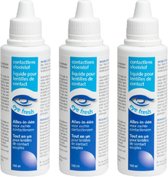 Drie flacons Eye Fresh contactlenzenvloeistof, 100 ml per stuk. Blauwe en witte verpakking met ooglogo.