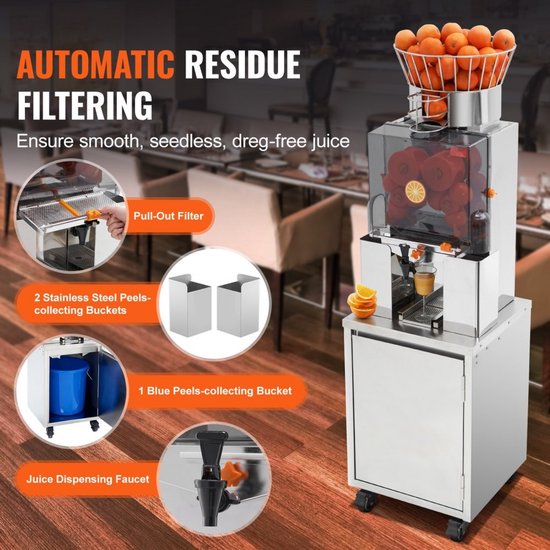 Sinaasappelpers - Professionele Commerciële Automatische Citruspers - 120 W - RVS Behuizing - 25 Sinaasappels per Minuut - Uittrekbaar Filter - Transparante Kap — afbeelding 4