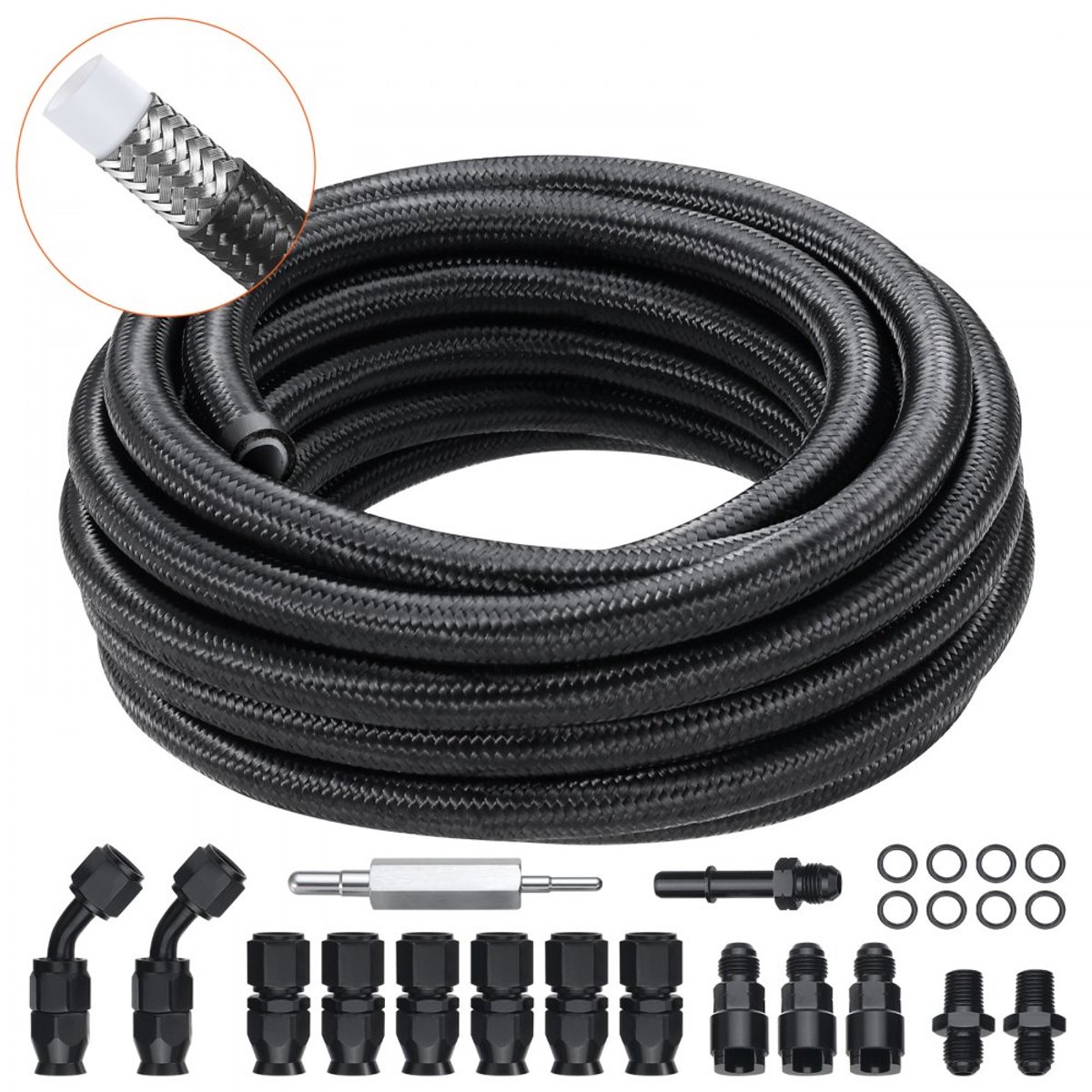 Brandstofleidingset - 6-AN Brandstofslangenset - Lengte 762 cm - Diameter 0,79 cm - Nylon/RVS gevlochten - Voor benzine/diesel/olie - Met 15 draaibare fittingen