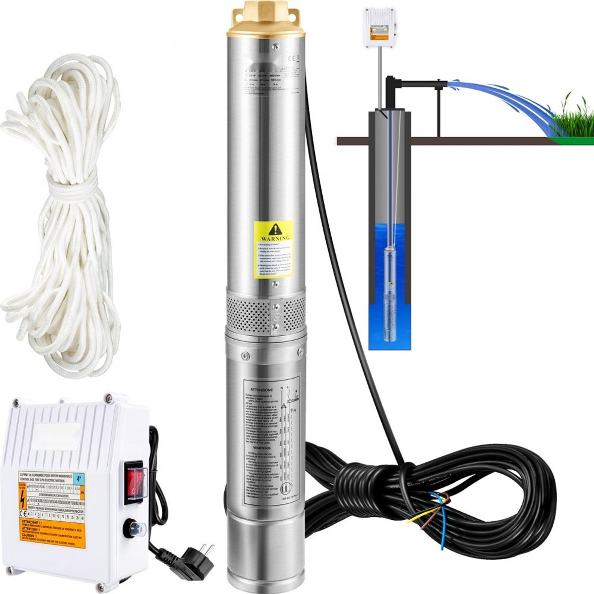 Bronpomp / diepe putpomp - Onderwaterpomp - Vermogen 370 W 230 V - Debiet 110 l/min - Max. opvoerhoogte 44 m - RVS Ø 10,2 cm - Bescherming IP68, 20 m kabel
