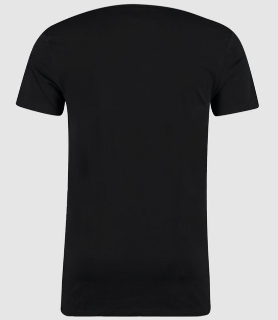 Zwarte T-shirt met ronde hals en korte mouwen (achterkant).