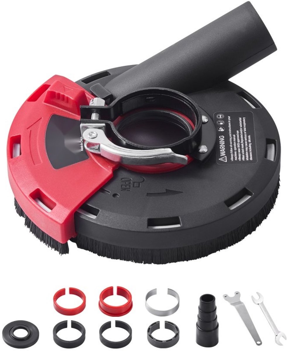 Stofkap voor haakse slijper - Stofafzuigkap universeel 100-125 mm - Met 6 klemschijven - Stofzuigeraansluiting - Voor hout, beton, muren en steen
