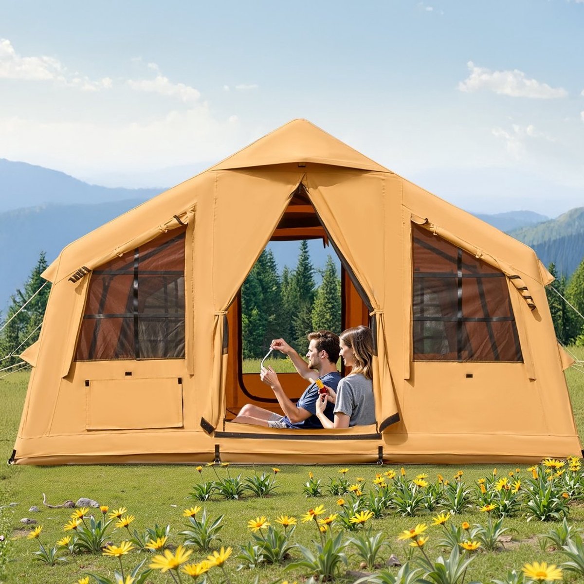 Opblaasbare kampeertent - Familietent/Glampingtent 8-12 personen - Afmeting 4,8 x 3,6 x 2,2 m - Inclusief handpomp - Luifel - Kachelaansluiting - Twee Deuren - Gaasramen – foto 4