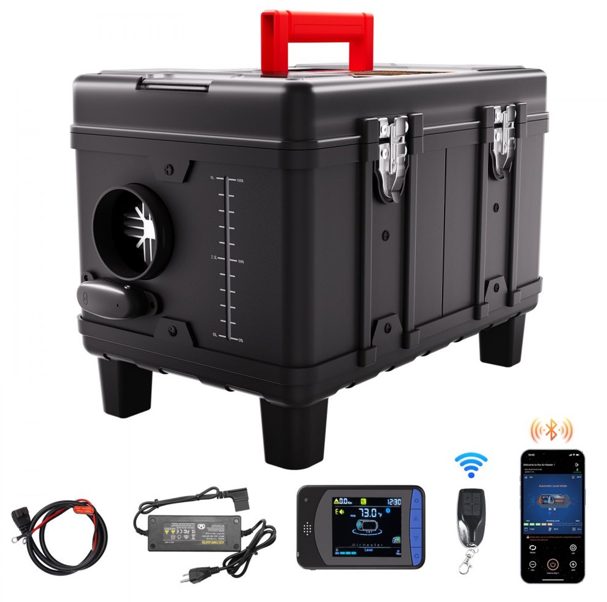 Dieselkachel 8 kW - Alles-in-één Dieselluchtverwarmer - 12V/24V - Bluetooth-appbediening - Afstandsbediening - CO-alarm - Draagbaar
