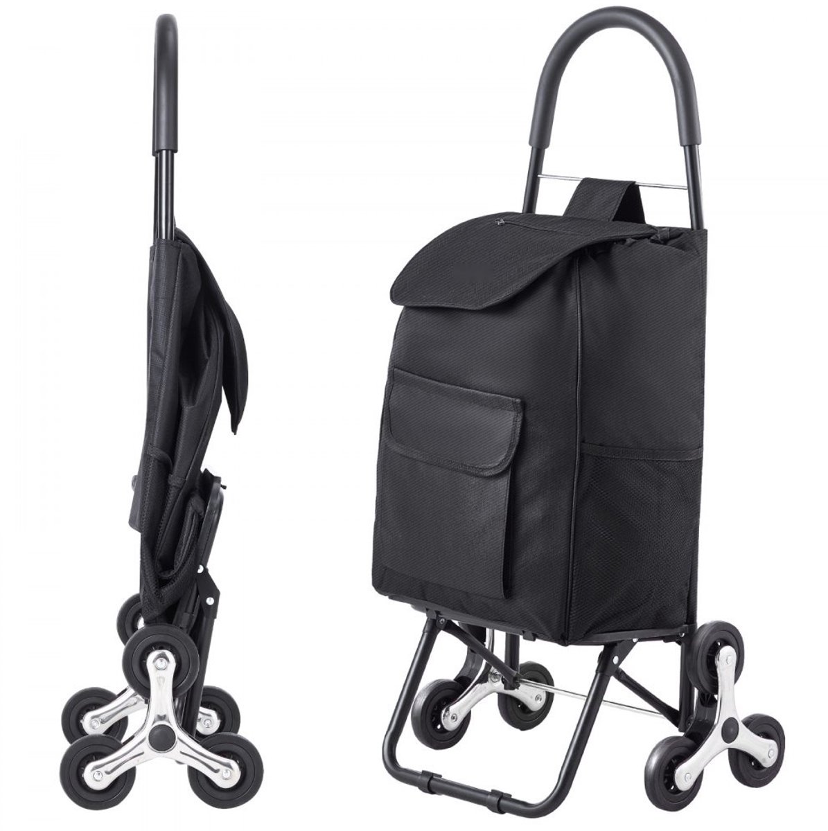 Opvouwbare boodschappentrolley - Boodschappenwagen traploper met 6 wielen - Oxford-stof opbergtas - Afmeting 45x35x96,5 cm - Zwart