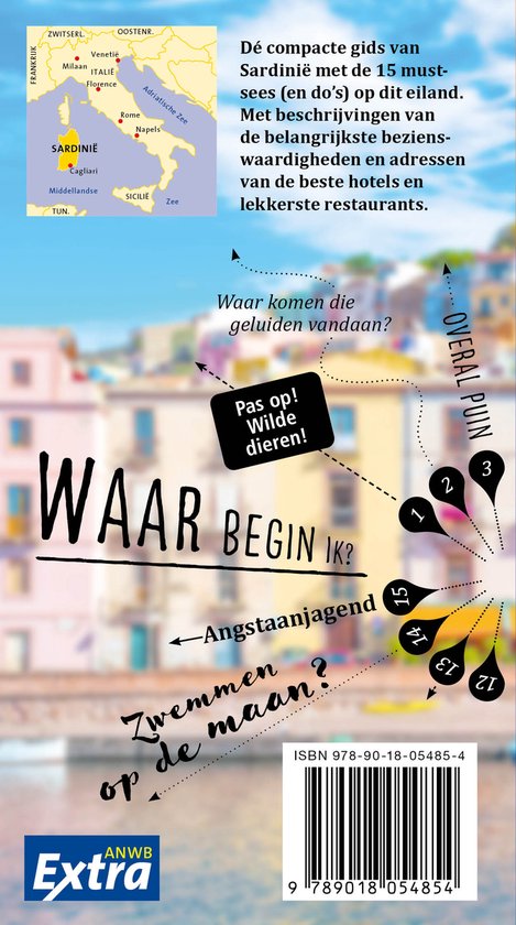 ANWB Extra Sardinië compact. Kaart van Italië met Sardinië. Waar komen de geluiden vandaan? Pas op! Wilde dieren!