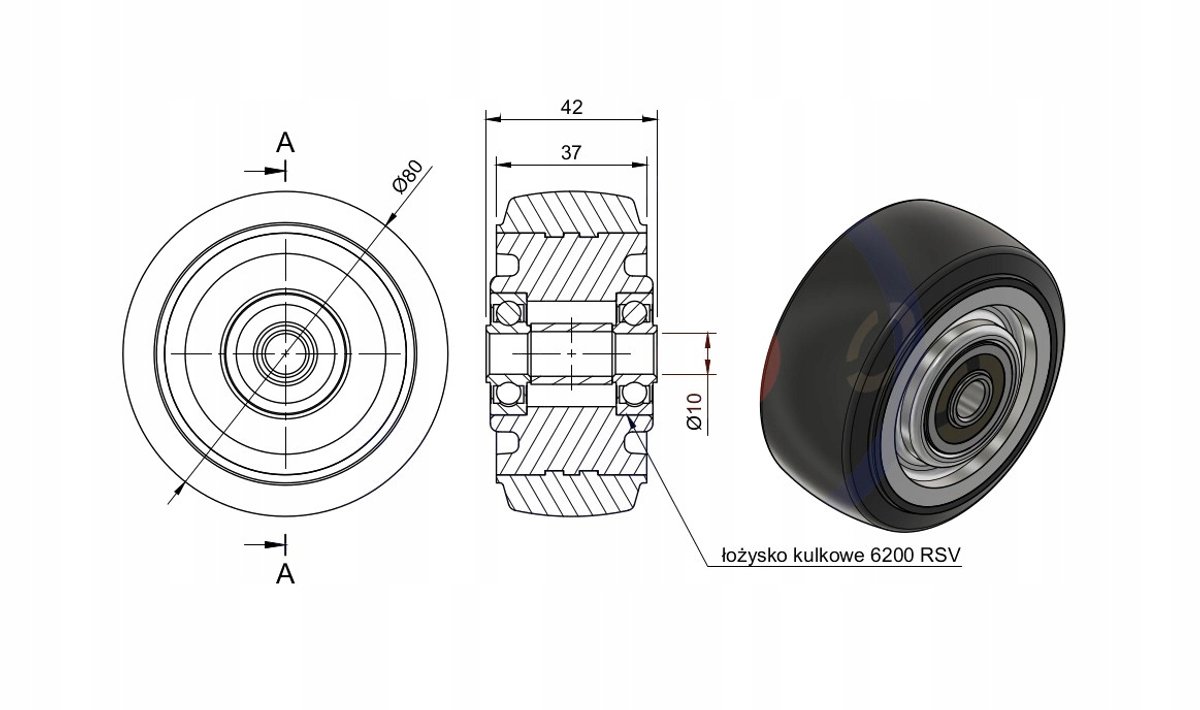 Aluminium-rubber zwenkwiel 80mm, 120kg draagvermogen