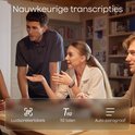 Groep mensen in een vergadering met beelden van luidsprekerlabels, 112 talen en auto-paragraaf.