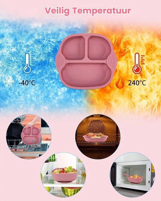 Baby Eetwaren Set 8-delig - Zuignap Borden & Kom - Siliconen Leer-eten Set met Slabbertje en Drinkbeker - Geschikt voor Magnetron & Vaatwasser - BPA-vrij Roze Babybestek - Kraamcadeau voor Meisjes van Merkloos — afbeelding 2