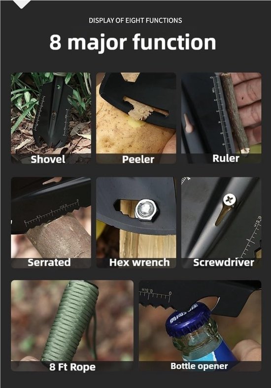 1 stuk - kleine survival schep - 9-in-1 mini kampeerschep - ultralichte rugzakschep - backpackuitrusting - voor wandelen, kamperen en survivaltassen - van roestvrij staal - zwart - 26.5×7cm van Hobright — afbeelding 3