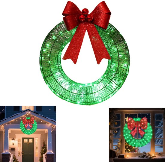 Voorverlichte kerstkrans - LED-kerstkransverlichting - 50 cm diameter - Warme lichtbloem - Voorgeïnstalleerde lampjes - LED-buitendecoratie - Met strik - Geschikt voor wand-, raam- en voordeurdecoratie - Groen