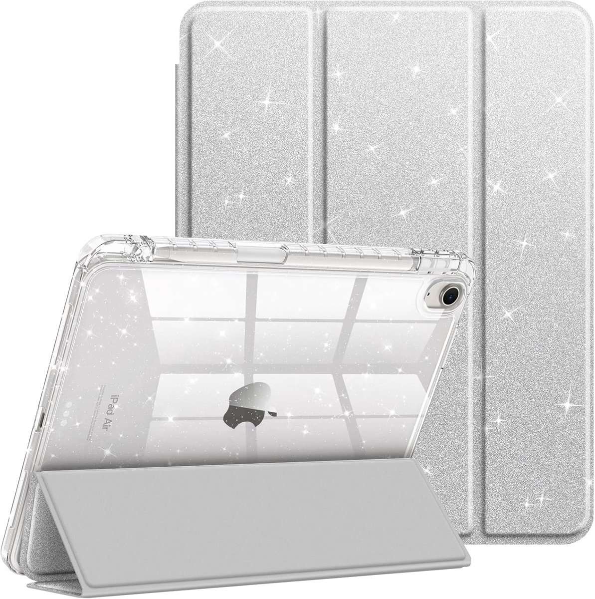 Zandarix Geschikt voor Apple iPad Air 11 inch M3 2025 - Book Case - Automatische Slaap/Waak Functie - Ingebouwde Pen houder - Glitter - Zilver