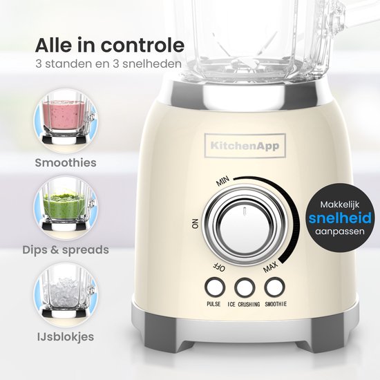 KitchenApp Retro Blender 1.5L – Glazen kan – 800W – Crushed Ice, Smoothie & Pulse – Beige van KitchenApp — afbeelding 5
