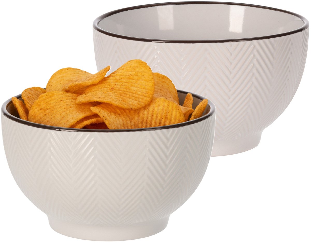 Siaki Serveer/chips schaaltje Fishbone - 2x - beige - 14 x 8 cm - keramiek - kommetjes - 680 ml