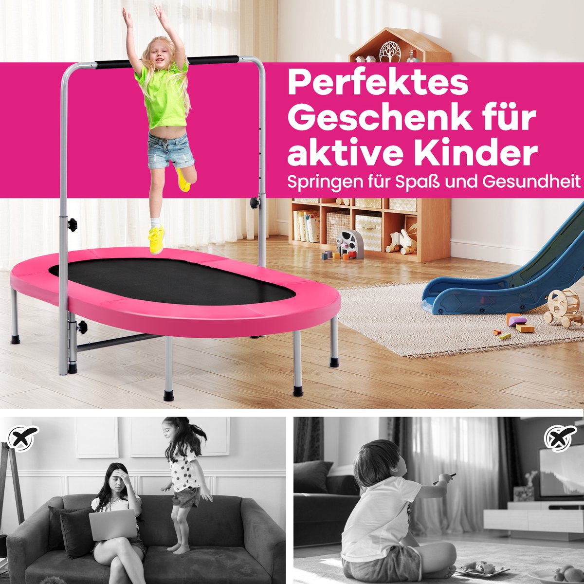 COSTWAY Trampoline voor 2 personen met in hoogte verstelbare handgreep, mini-trampoline tot 150 kg belastbaar, kindertrampoline inklapbaar, tuintrampoline voor kinderen en volwassenen (roze) — afbeelding 7