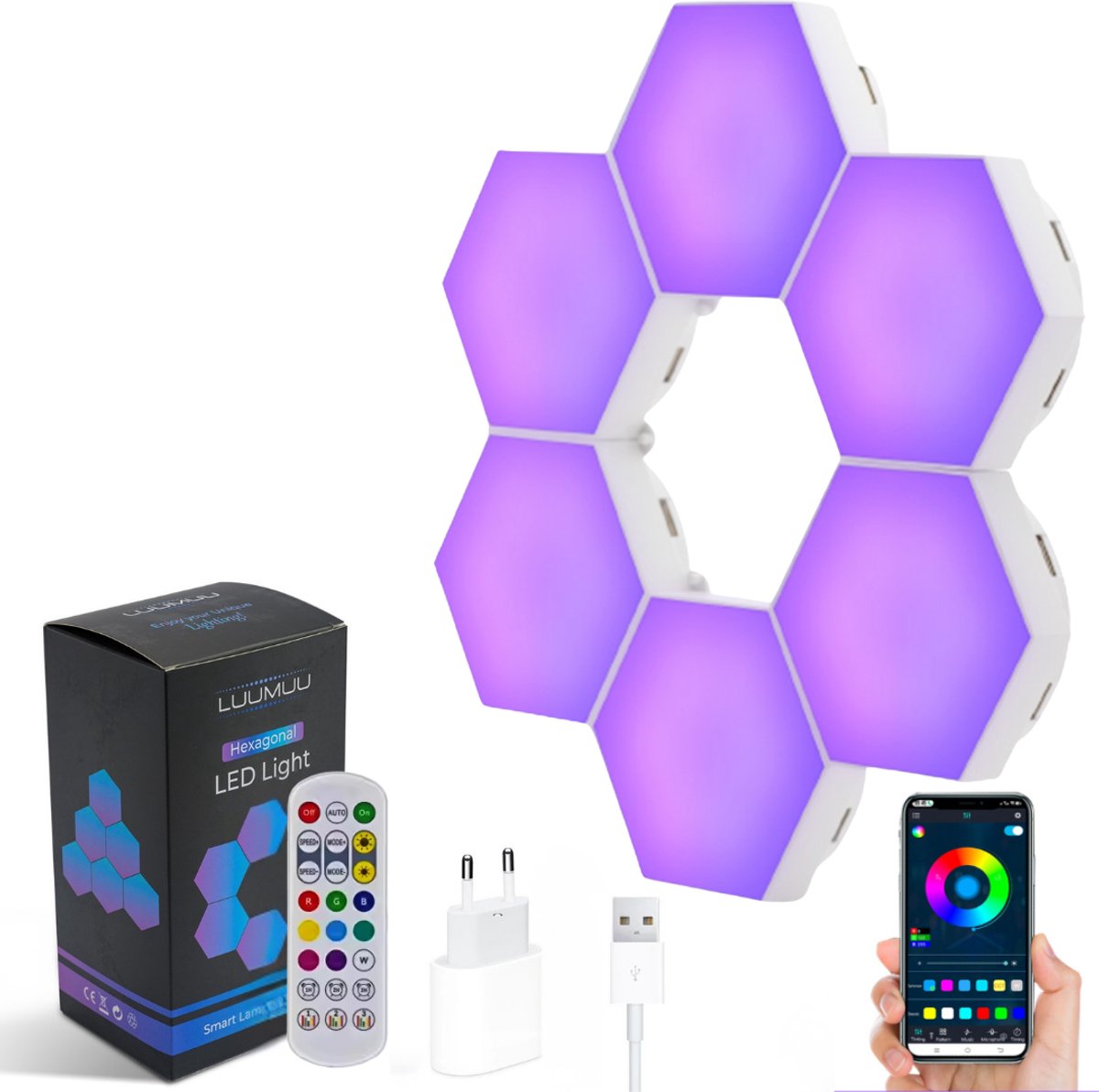 Luumuu® Hexagon LED – Wandlamp Binnen Met Snoer - Smart Gaming Accessoires – Muur Verlichting voor Binnen – Wall Light Panels - Sfeerlamp - 6 Panelen - 16 Miljoen Kleuren - Via App Bedienbaar