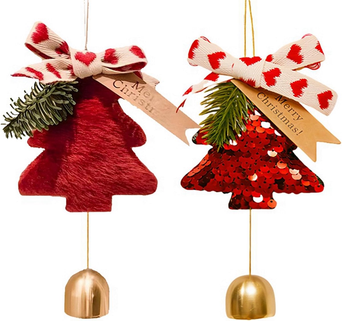 Mmgoqqt Kerstboom Versieringsset -2 Stuks Autohanger windgong cadeau- Rood Pluis Met Glitter - Gouden Bellen - Voor Kerstboom Thuis Auto-Autohanger windgong cadeau