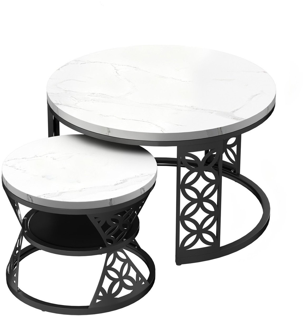 MODFU Salontafel set van 2 – Ronde nestbare bijzettafels met lades (opbergruimte) – Marmerlook en rotan – Voor woonkamer of kantoor – Modern – Wit / Goud