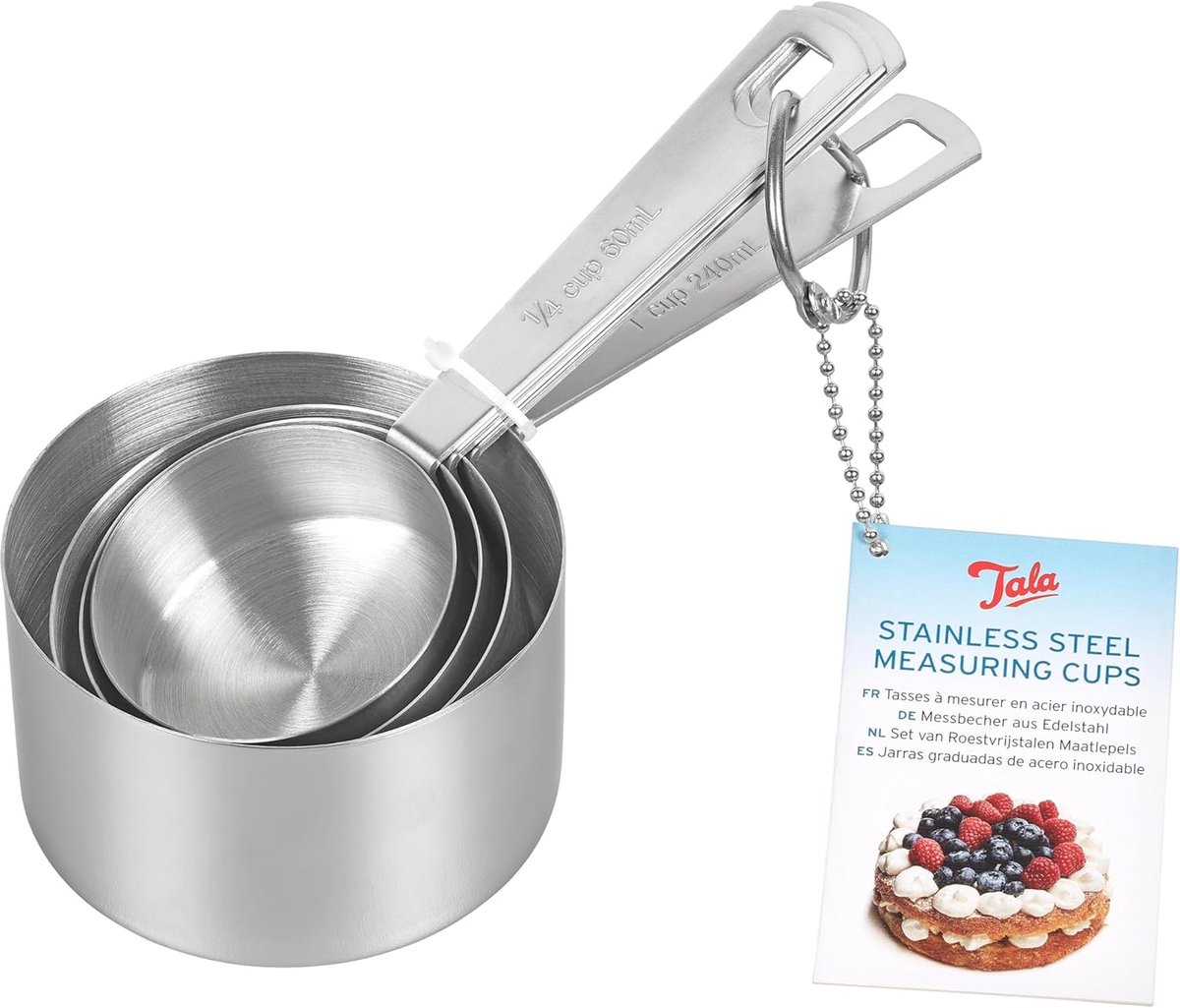 Tala – Maatcupset – 4 Stuks – Roestvrij Staal – Zilver – Met Opbergring – Maatbekers voor Droge & Vloeibare Ingrediënten – Handwas