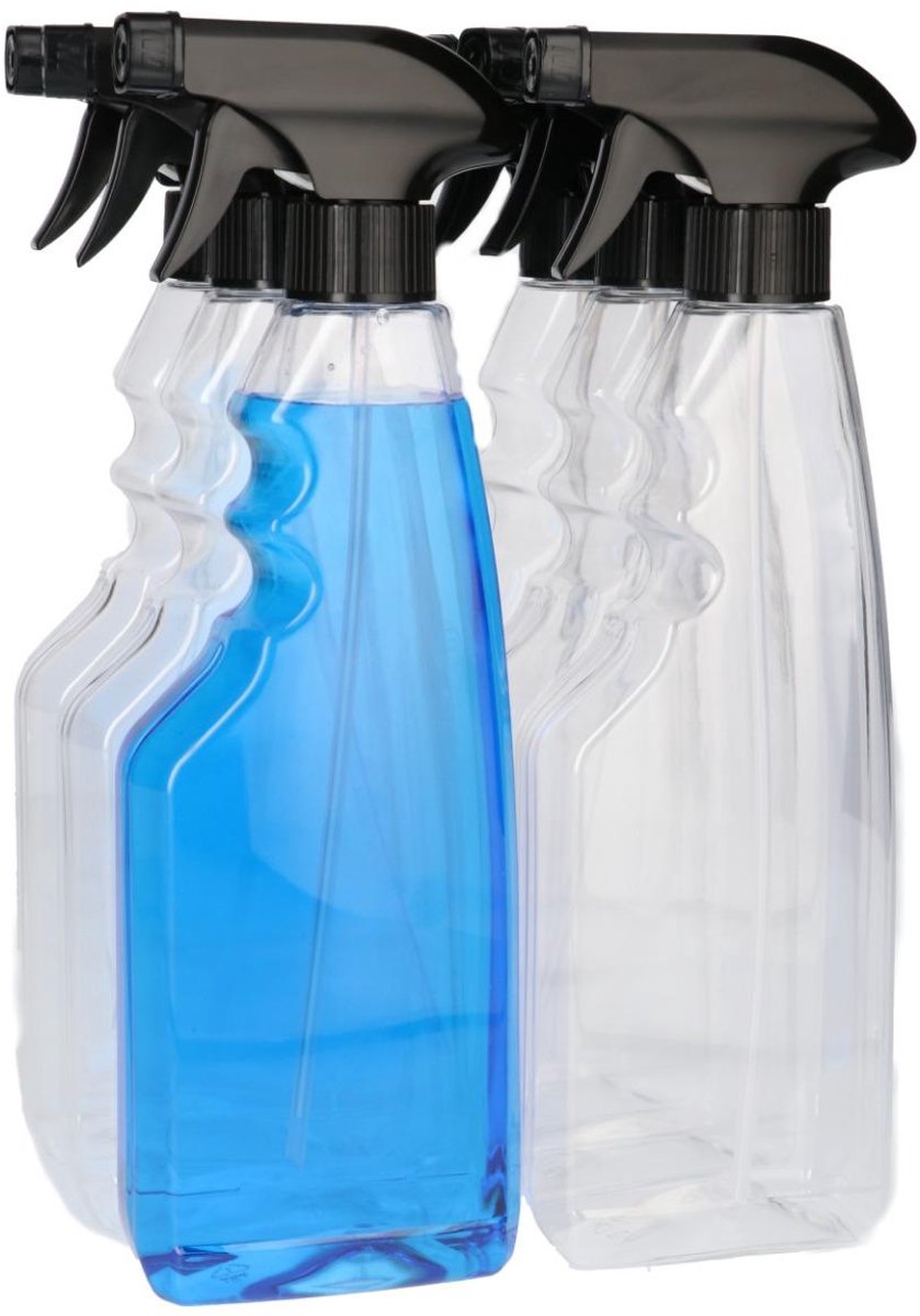 6 x 500 ml Sprayfles PET transparant + spraypomp zwart- PET Kunststof BPA-vrij - Plastic Flessen Navulbaar - Met Dop - Lege Flessen - 6 stuks