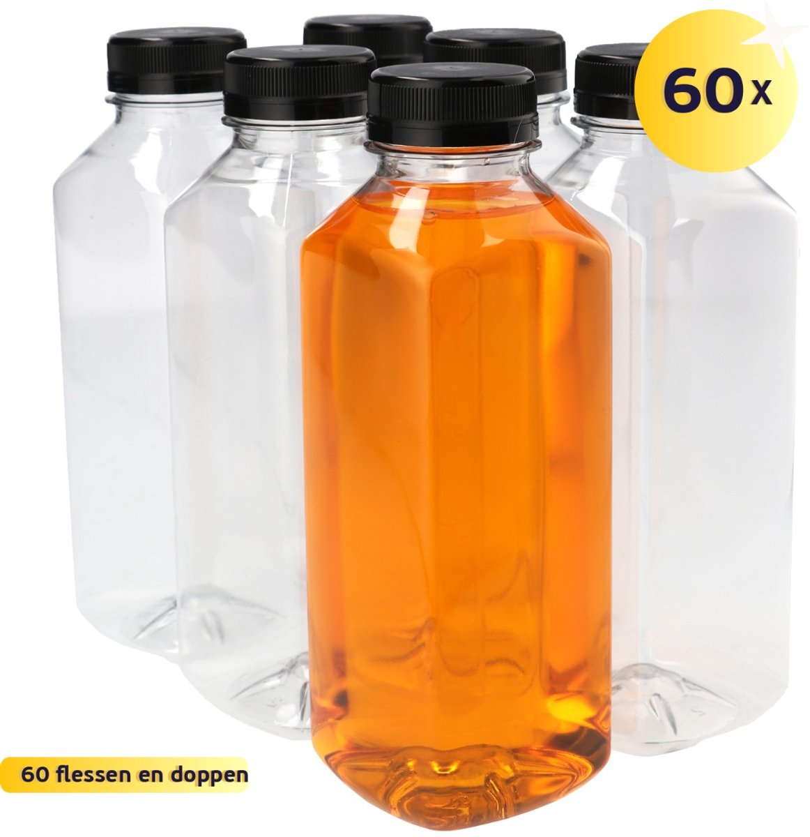 60 x Sapfles Plastic 500 ml - Vierkant - PET Flessen met Dop zwart- PET Kunststof BPA-vrij - Plastic Flessen Navulbaar - Met Dop - Lege Flessen - 60 stuks