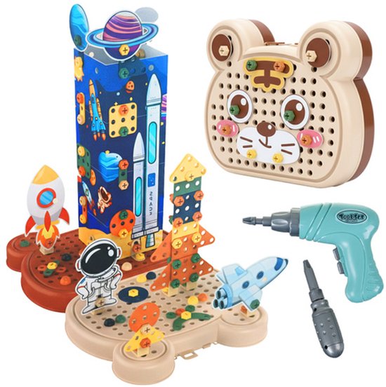 Playos® - Constructiespeelgoed - in Koffer - Beer - Bruin - Ruimte - 161 Delig - met Elektrische Boormachine - Schroevendraai Speelgoed - Educatie