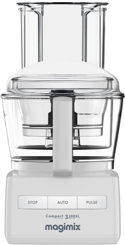 Witte Magimix keukenmachine met bedieningsknoppen: Stop, Auto, Pulse.