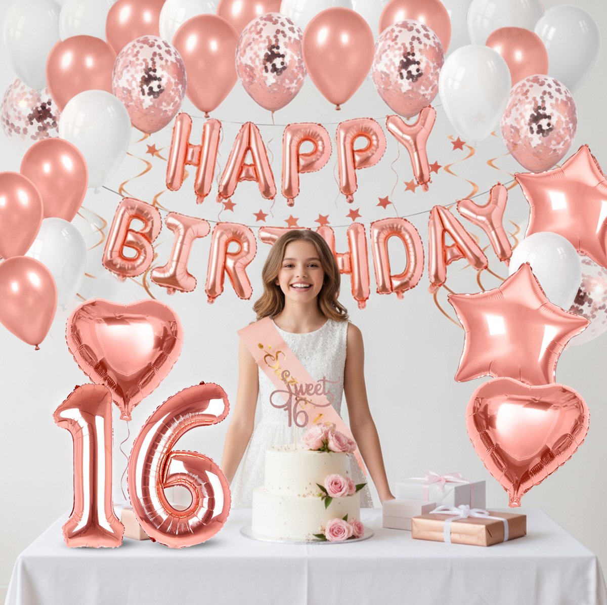 Vitamo™ Roségoud Sweet 16 - 16 Jaar Verjaardag Versiering- Feestversiering - Happy Birthday - Feestpakket - Ballonnen - Slinger - Verjaardagsfeest - Feestartikelen - Feestdecoratie Roze Goud — afbeelding 3