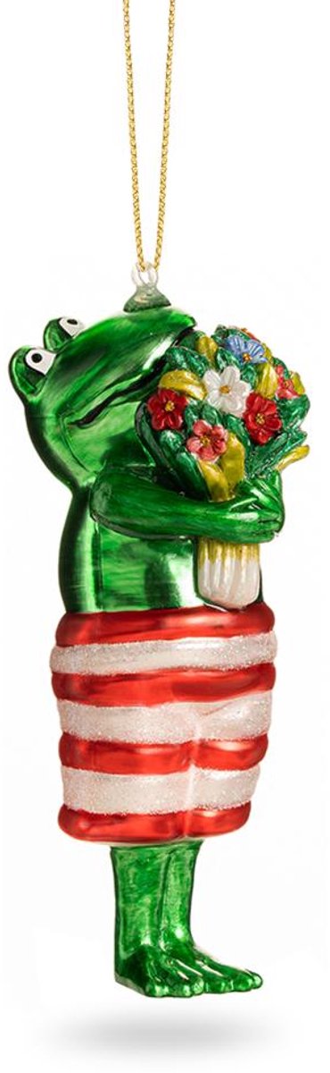 Kleurrijk kikkerornament omringd door kerstballen met unieke patronen en texturen.