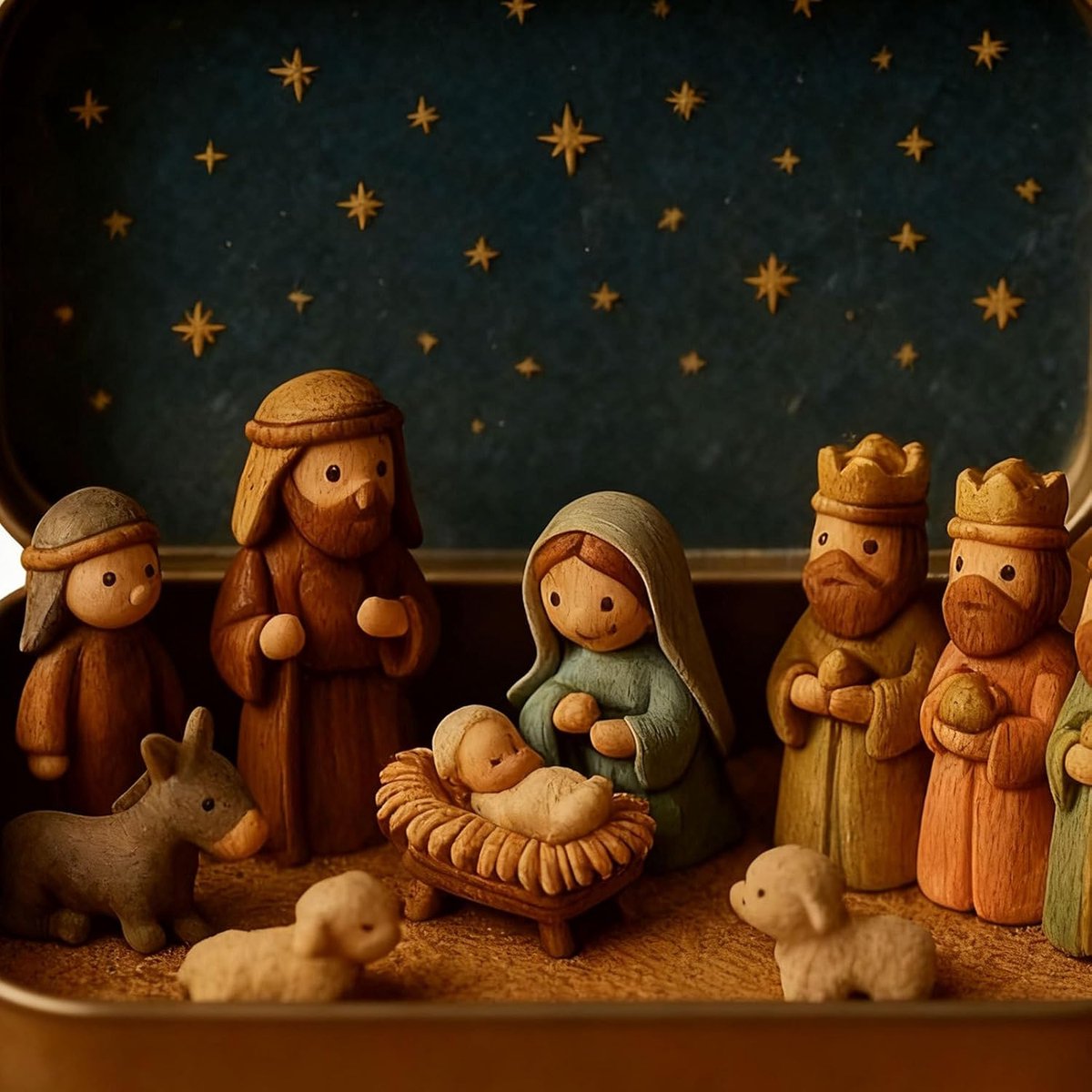 Miniatuur Kerststal Set in een Blikken Doos Handgemaakte Zakformaat